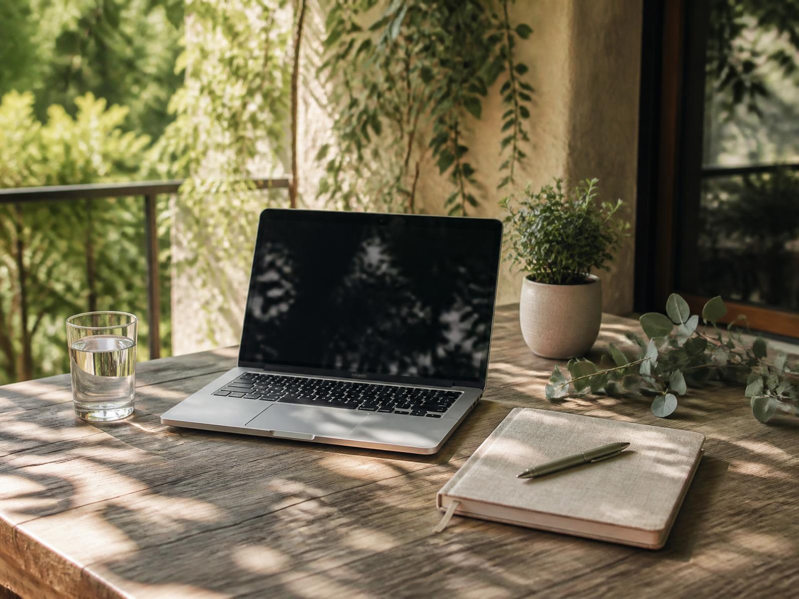 Table de bois en plein air avec un ordinateur portable, un carnet, un verre d'eau et de la végétation